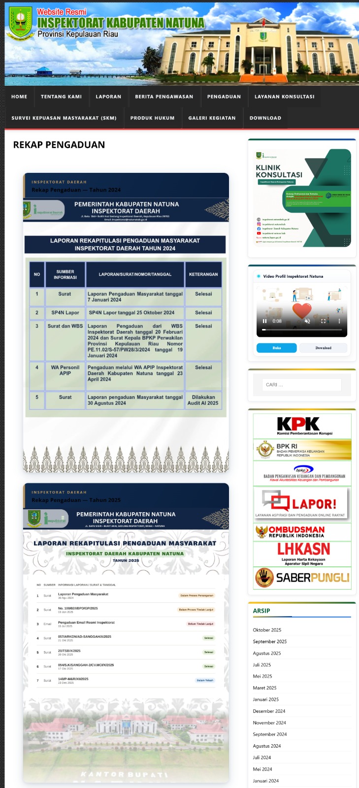 Tampilan layanan digital Inspektorat Daerah Kabupaten Natuna pada perangkat seluler